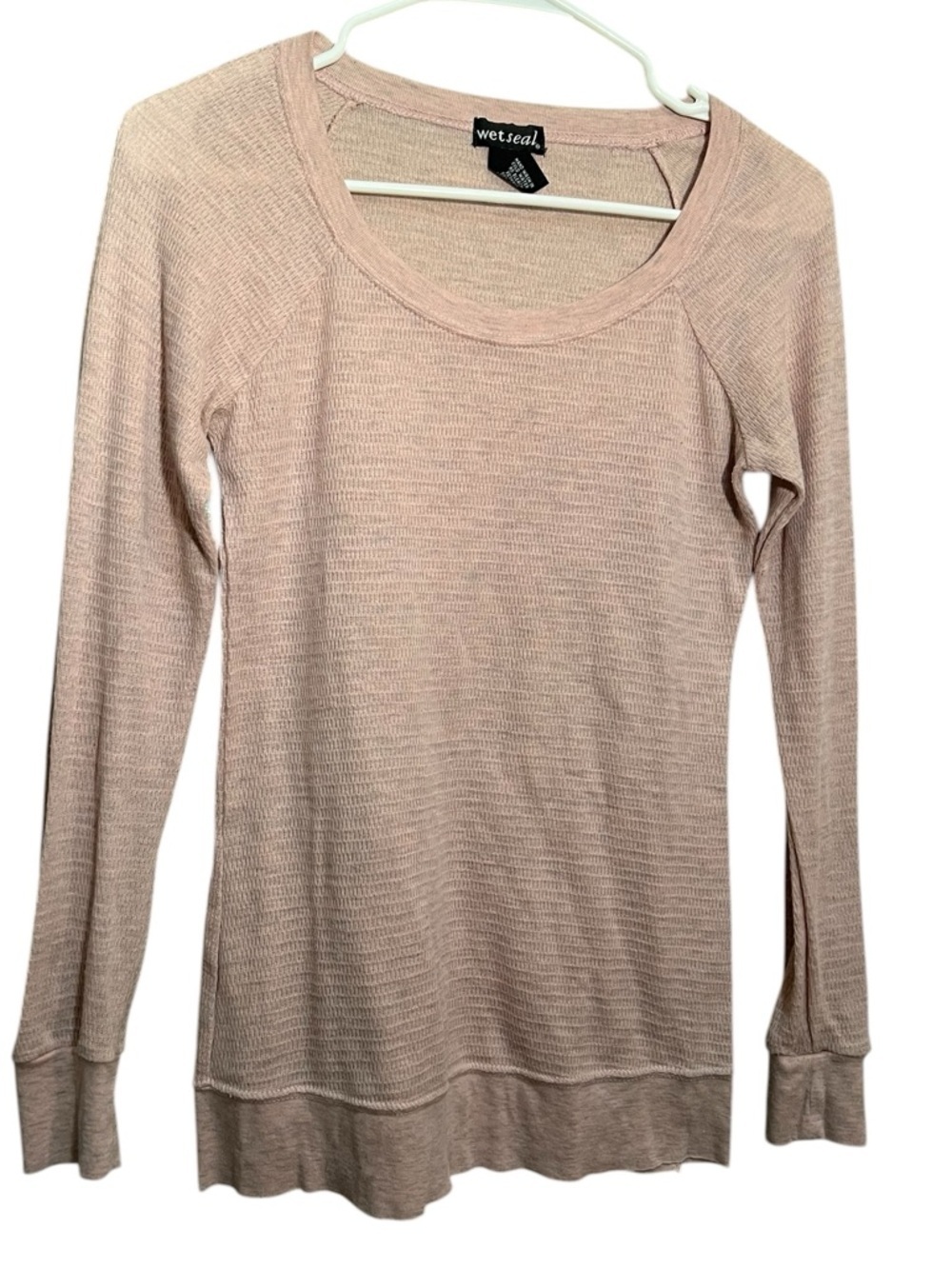 Wet Seal Womens Pink Waffle Knit Thermal Long Sleeve Scoop Neck Top Size M